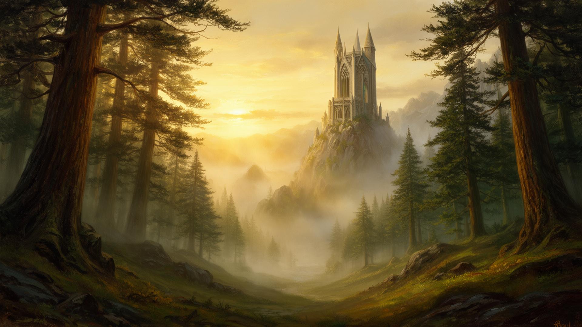 A misty valley with an ancient tower at golden hour